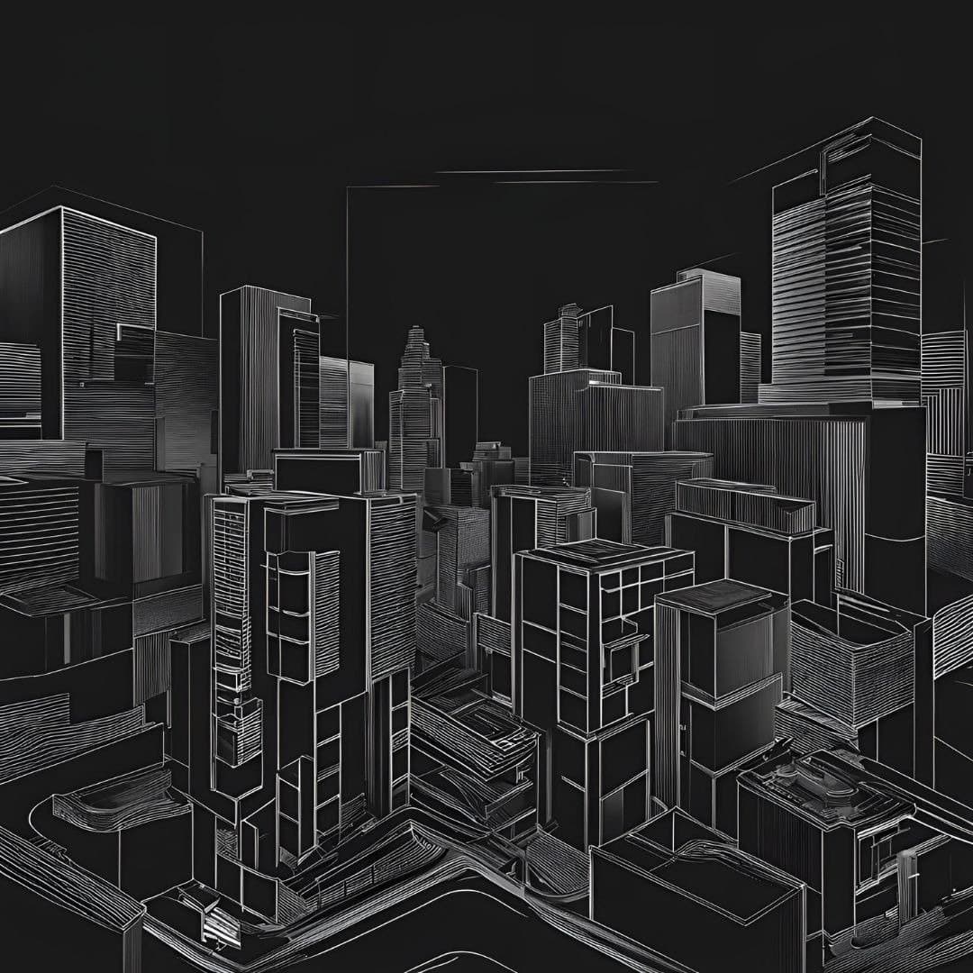White line drawing of a dense city skyline on black.